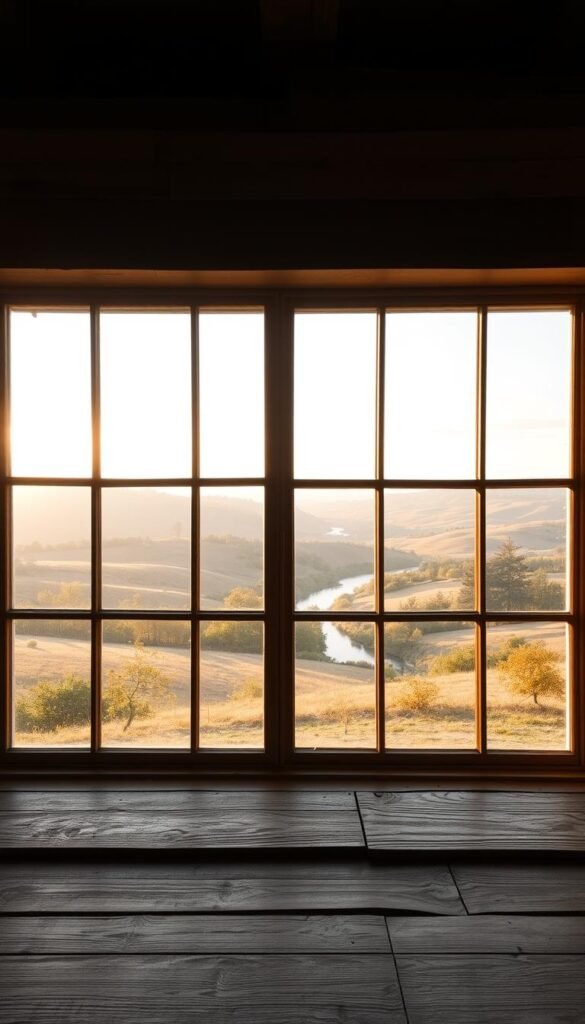 Bare windows framing a picturesque landscape, the glass panes acting as a natural frame for the serene countryside beyond. Warm, golden sunlight filters through, casting a cozy glow on the weathered wooden sills. Rolling hills dotted with verdant trees and a winding river in the distance create a pastoral scene, inviting the viewer to pause and take in the tranquil beauty. The window's minimalist design allows the view to take center stage, highlighting the rustic charm of the farmhouse setting. A wide-angle lens captures the expansive scenery, while a shallow depth of field softens the background, drawing the eye to the captivating outdoor vistas.