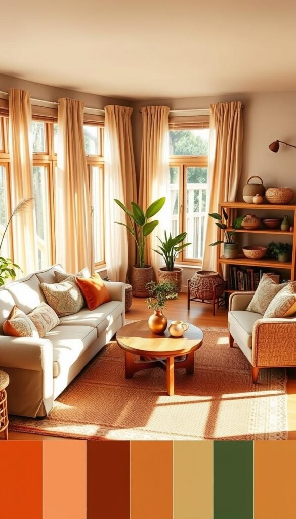 Boho color palette with earthy tones: a warm, inviting living room bathed in natural light. Plush, woven area rugs in shades of terracotta, ochre, and sage anchor the space. Overstuffed linen sofas and armchairs, adorned with textured throw pillows in complementary hues, invite relaxation. Wooden accent tables and shelves display artisanal ceramics, woven baskets, and lush potted plants. Sheer, billowing curtains frame large windows, diffusing the golden afternoon sun. Subtle textures, from the nubby jute to the weathered wood, create a cozy, layered ambiance. This inviting boho sanctuary exudes an earthy, elevated aesthetic.