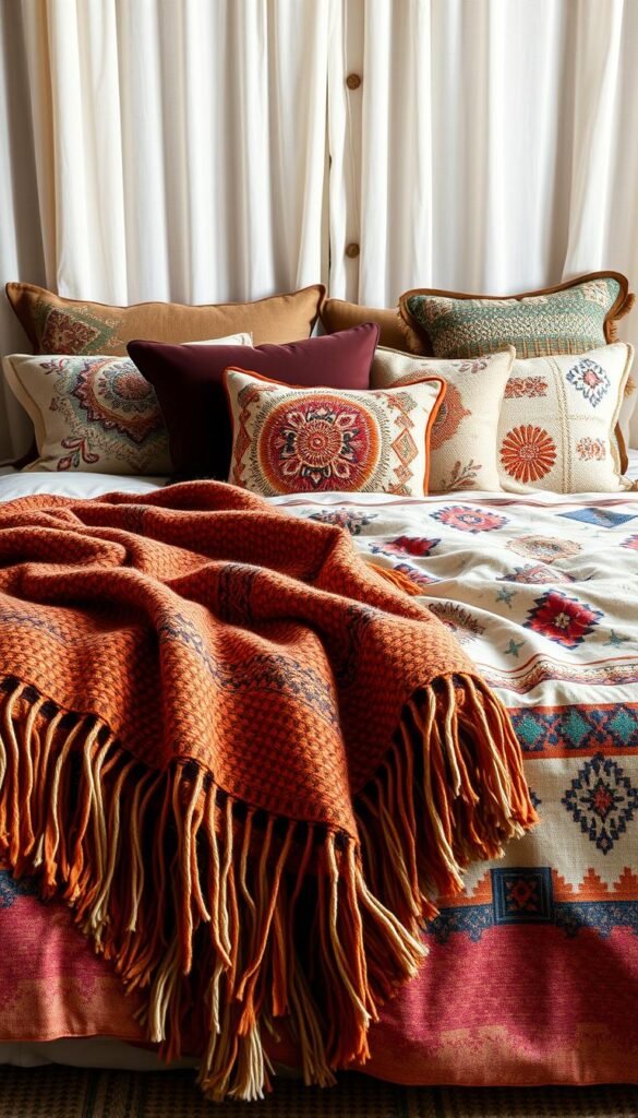 Boho style bedding materials: a vibrant, earthy tapestry of natural fibers, intricate textures, and captivating patterns. In the foreground, a plush, hand-woven throw blanket in shades of ochre, terracotta, and indigo, its fringed edges cascading over a sumptuous, tufted duvet cover adorned with abstract, bohemian motifs. Midground, an array of artisanal accent pillows in jewel-toned velvets, hand-embroidered linens, and woven macrame, each piece a unique expression of the boho aesthetic. The background features a backdrop of airy, sheer curtains in a neutral palette, allowing the rich, warm tones of the bedding to take center stage, creating a cozy, inviting atmosphere. Soft, diffused lighting casts a natural, earthy glow, enhancing the organic, handcrafted feel of the scene.