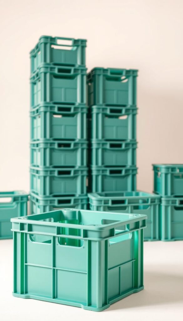 Boxbee plastic moving crates, stacked neatly in a well-lit, minimalist setting. The crates have a translucent, teal-green hue, allowing the contents to be visible. The foreground showcases the crates' sturdy construction, with clean lines and a matte finish. In the middle ground, the crates are arranged in a visually pleasing grid, highlighting their modular design and versatility. The background features a neutral, off-white backdrop, creating a sense of openness and focus on the subject. The lighting is soft and even, casting gentle shadows that accentuate the crates' shapes and textures. The overall atmosphere conveys a sense of organization, sustainability, and practicality.