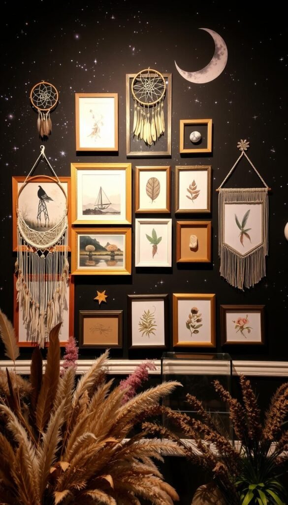 Celestial boho gallery wall featuring an assortment of framed artworks, dreamcatchers, and macrame hanging against a starry night sky backdrop. The foreground showcases a mix of nature-inspired elements like feathers, dried flowers, and crystals, arranged in a harmonious, bohemian-style display. The middle ground features a gallery of eclectic frames in earthy tones and metallic accents, with abstract paintings, botanical prints, and celestial motifs. The background depicts a dark, moody night sky with twinkling stars and a crescent moon, creating a mystical, ethereal ambiance. The lighting is soft, warm, and ambient, enhancing the cozy, inviting atmosphere of this whimsical, boho-inspired celestial gallery wall.
