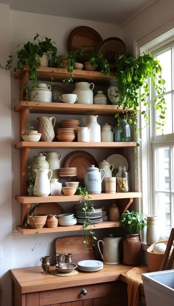 Charming open shelving filled with an assortment of vintage kitchenware and decor pieces. The shelves are made of rustic wood, complementing the cozy cottage-style kitchen. Earthenware crockery, ceramic jugs, and antique glass jars create a warm, inviting display. Soft, natural lighting from large windows casts a gentle glow, highlighting the textures and colors. Lush, trailing greenery cascades from the shelves, adding a touch of nature. The overall scene evokes a sense of timeless comfort and cottage charm.