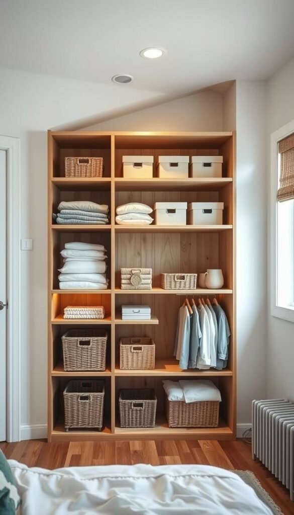 Closet storage solutions: a well-organized, minimalist wooden shelf unit in a softly lit, airy bedroom. The shelves are filled with neatly folded clothes, boxes, and decorative baskets, creating a harmonious, clutter-free look. Warm task lighting from above highlights the natural wood grain, while indirect ambient lighting from windows on the side casts a gentle glow. The shelf unit is angled slightly to create visual interest, and the overall composition emphasizes function, simplicity, and effortless style.