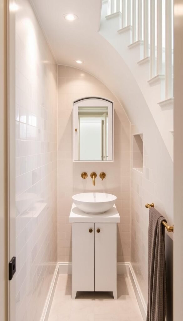 Compact powder room under a curved staircase, softly lit by recessed lighting. Sleek white vanity with a minimal vessel sink, surrounded by tiled walls in a soothing neutral palette. Brass fixtures and hardware add a touch of warmth. A recessed medicine cabinet discreetly blends into the wall, offering concealed storage. The space feels airy and elegant, with just enough room for a relaxing moment of personal retreat.
