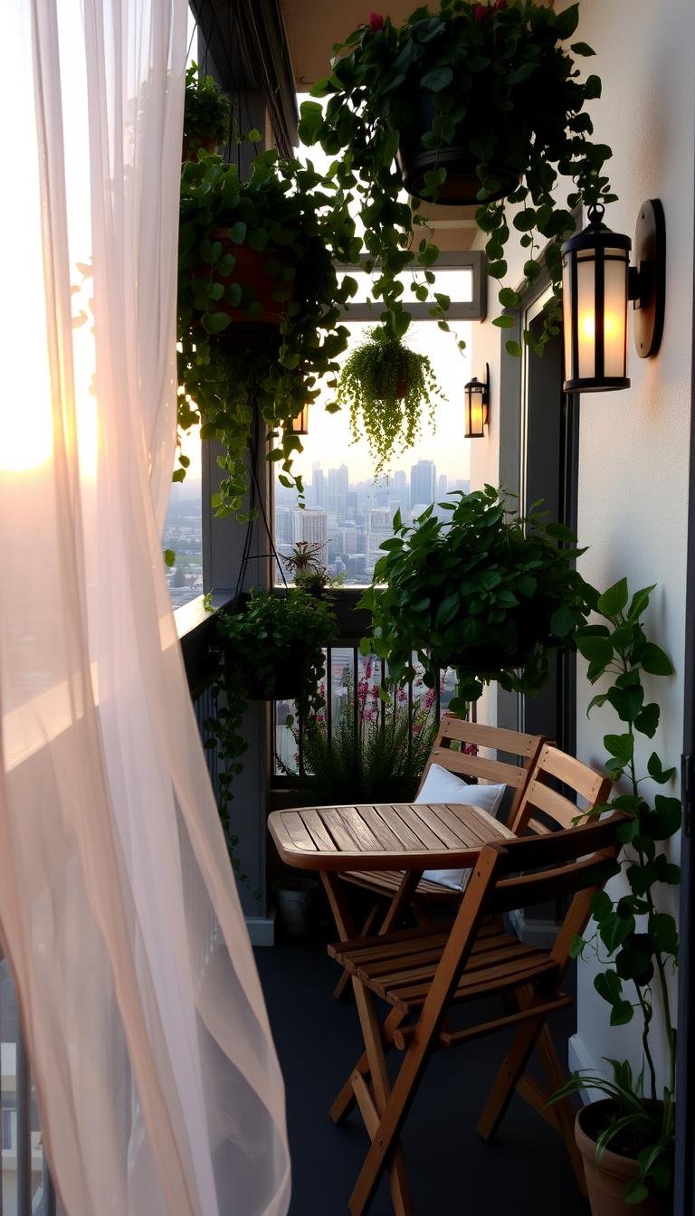 Cozy Small Balcony Retreat: Plants and Folding Furniture