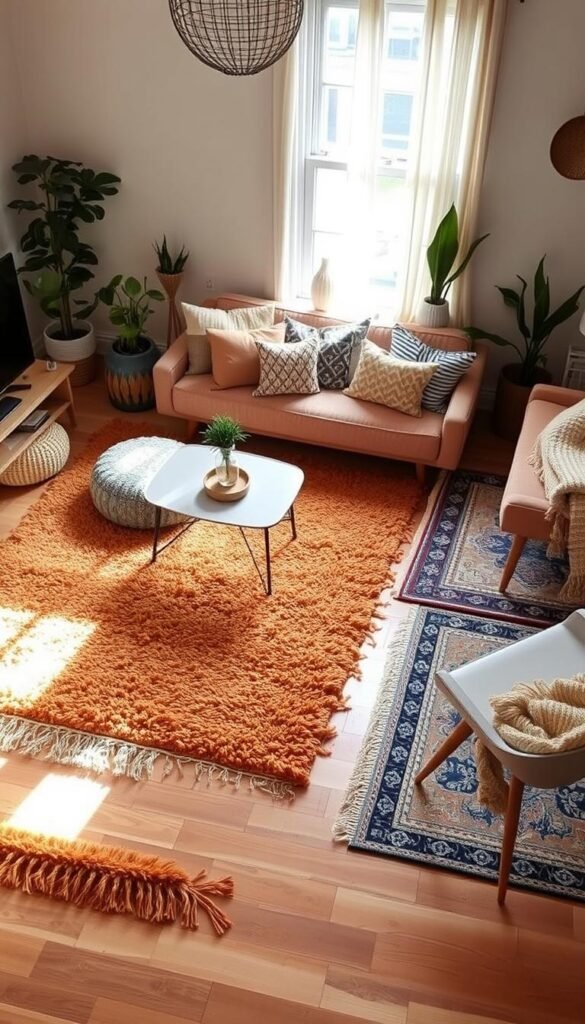 Cozy and inviting boho-inspired living space with a layered rug arrangement on a wooden floor. Warm lighting casts a gentle glow, illuminating the plush, textured rugs in earthy tones of ochre, terracotta, and indigo. Clusters of decorative pillows in complementary patterns and fabrics create a comfortable, lived-in feel. Potted plants and natural fibers add organic touches, while a mid-century modern coffee table and sleek, minimalist furniture provide balance. The overall atmosphere is one of relaxation and bohemian-chic style, perfect for a small space.