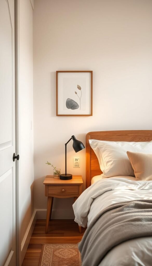 Cozy bedroom scene with a small nightstand, a minimalist table lamp, and a carefully selected piece of wall art to create a harmonious, intimate atmosphere. The room is bathed in warm, soft lighting, highlighting the natural textures of the wood and fabric. The decor elements are scaled appropriately to the compact space, maintaining a sense of balance and breathing room. Subtle pops of color and organic shapes add visual interest without overwhelming the senses. An overall serene and welcoming ambiance that showcases how to maximize the potential of a small master bedroom.