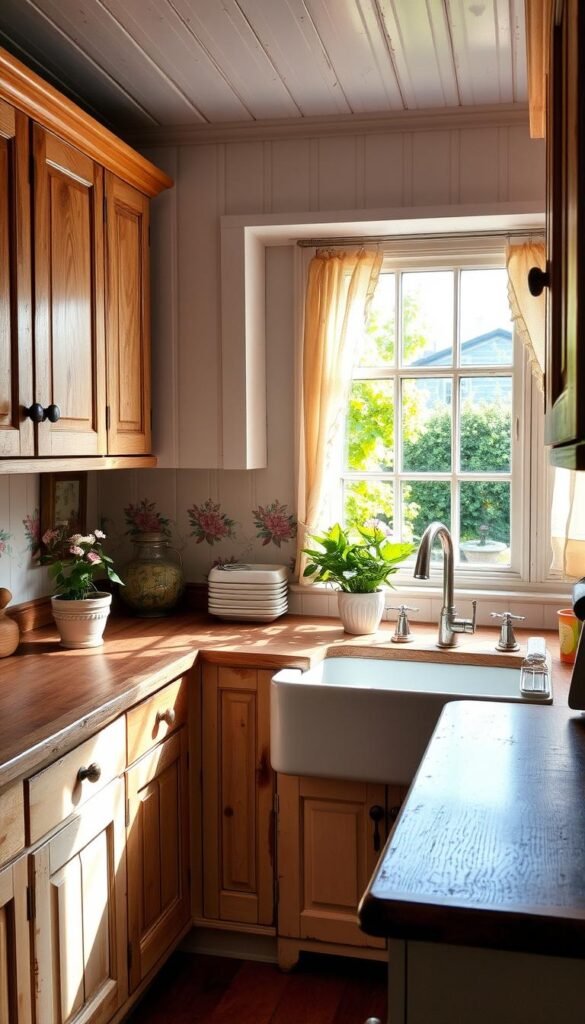 Cozy cottage kitchen with rustic wooden cabinets, distressed white paneling, and pewter hardware. Warm natural lighting filters through sheer curtains, casting a soft glow over the worn wooden countertops and farmhouse-style sink. Vintage floral wallpaper and a cheerful potted plant add charming touches, while a large window overlooking a lush garden completes the inviting, countryside atmosphere. The overall effect is one of timeless elegance and lived-in comfort, perfectly capturing the essence of a quintessential cottage-style kitchen.
