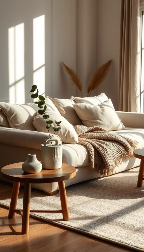 Cozy minimalist textiles in a warm, natural light-filled living room. A soft, neutral-toned area rug grounds the space, complemented by a plush, oversized linen sofa with fluffy throw pillows. On the sofa, a hand-woven, textured blanket in muted tones adds an inviting layer of comfort. In the foreground, a wooden side table holds a simple ceramic vase with fresh eucalyptus stems. Gentle shadows from the large window create a serene, tranquil atmosphere, evoking a sense of peaceful, minimalist living.