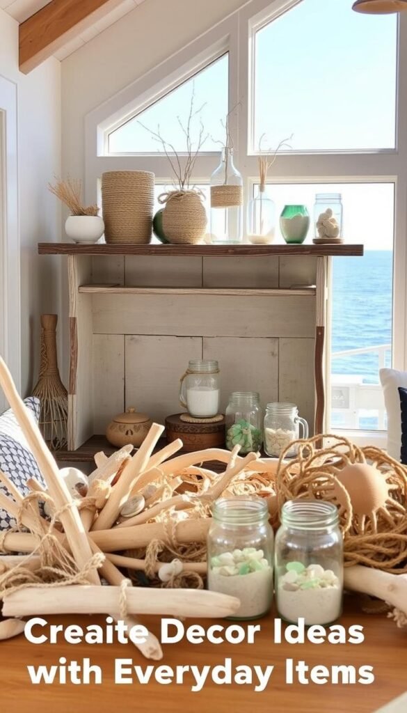 Detailed nautical decor ideas in a cozy, well-lit coastal interior. In the foreground, various repurposed items like driftwood, seashells, and fishing nets tastefully arranged to create a rustic, maritime vibe. The middle ground features a weathered wooden shelf displaying an array of upcycled decorative pieces, such as rope-wrapped vases and mason jars filled with sand and sea glass. In the background, a large window overlooking a tranquil ocean scene, with soft natural lighting filtering in. The overall atmosphere evokes a sense of warmth, serenity, and DIY charm, perfectly suited for the "Creative Decor Ideas with Everyday Items" section.