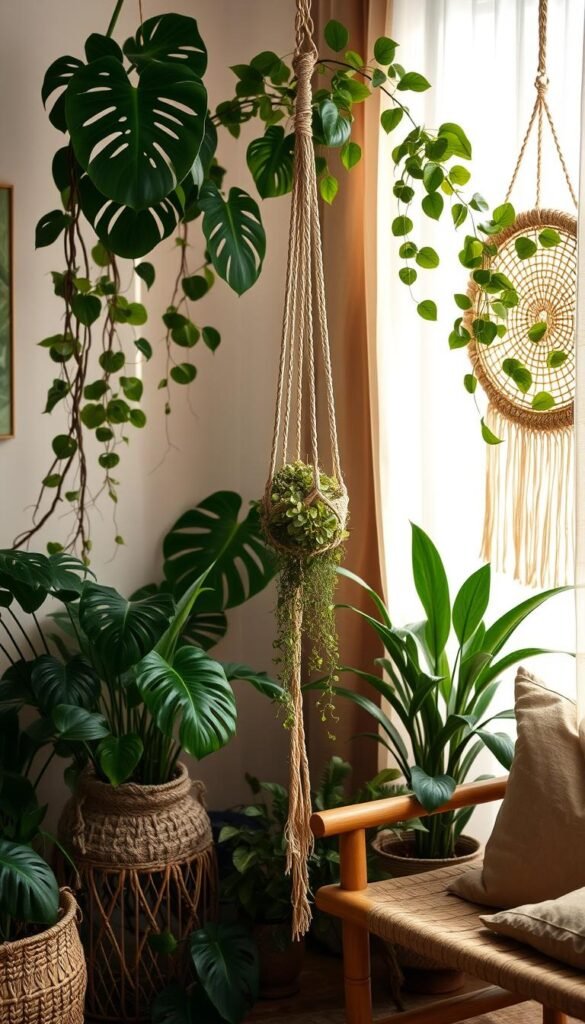 Elegant boho chic indoor scene with lush potted plants, macramé wall hanging, and natural wooden furniture. Soft, warm lighting filters through sheer curtains, casting a cozy, inviting glow. Cascading monstera leaves, trailing vines, and woven macramé textures create a layered, organic atmosphere. Plush, earthy-toned textiles and natural fibers complement the rustic, bohemian aesthetic. A large, ornate macramé plant holder suspends a trailing succulent, the center of attention. The composition is balanced, with thoughtful placement of elements to evoke a serene, harmonious ambiance.