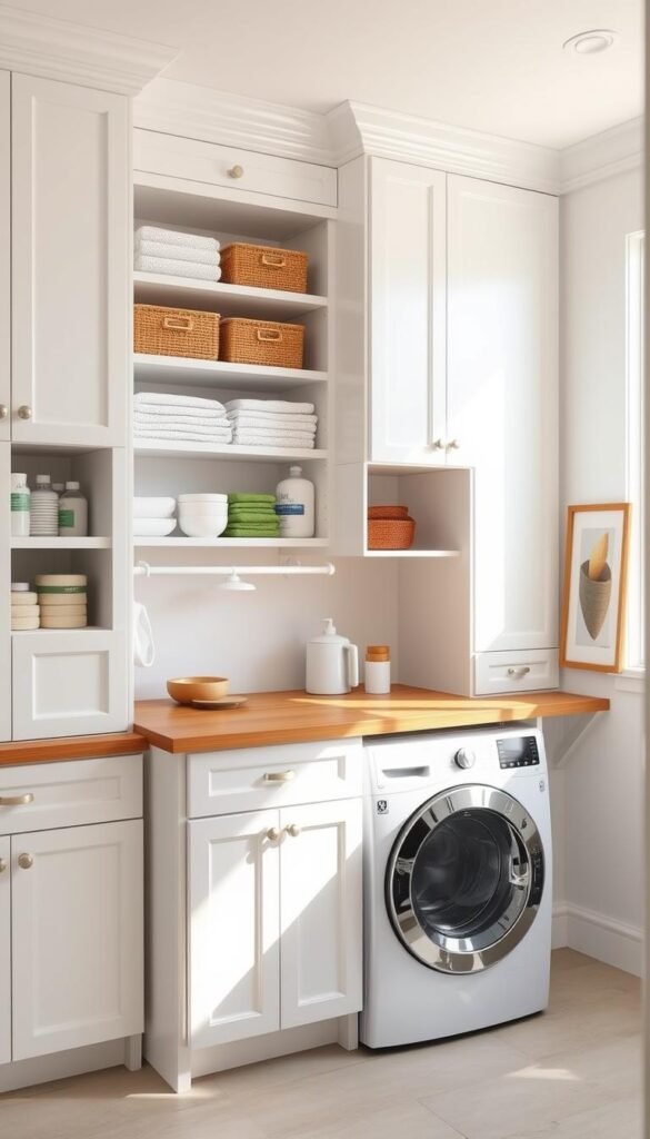 Elegant laundry room with ample storage solutions. A bright, airy space bathed in natural light from large windows. Sleek white cabinetry with minimalist hardware lines the walls, offering ample shelving and drawers for neatly organizing detergents, linens, and cleaning supplies. A sturdy wooden countertop provides a functional workspace, complemented by a modern, streamlined washer and dryer set. Subtle pops of color in accessories like baskets and artwork add a touch of personality. The room has a cohesive, contemporary aesthetic that seamlessly blends form and function, creating an inviting and efficient laundry environment.