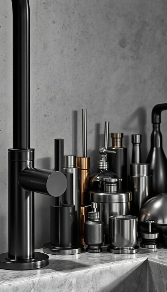Elegant monochrome composition featuring a striking arrangement of mixed metallic objects. In the foreground, sleek stainless steel and matte black fixtures gleam under soft, directional lighting, casting dramatic shadows. The middle ground showcases a varied assortment of brass, copper, and pewter decor pieces, their reflective surfaces creating depth and visual interest. In the background, a subtly textured concrete or stone wall provides a minimalist, industrial-inspired backdrop, complementing the cool metallic tones. The overall aesthetic conveys a sense of timeless sophistication and understated luxury, perfectly suited for a classic black and white interior design scheme.