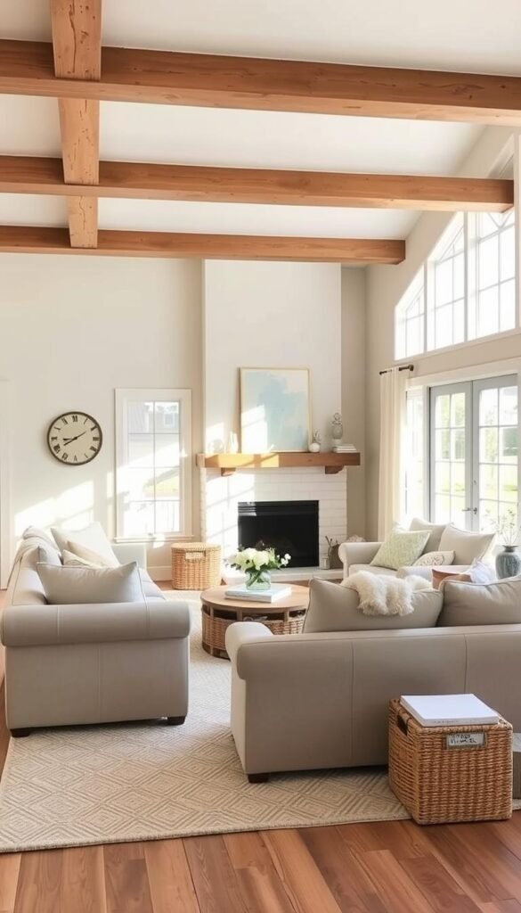 Farmhouse living room with a serene, neutral color palette. Soft, muted tones of beige, cream, and sage green create a calming, inviting ambiance. Wooden ceiling beams and a cozy fireplace provide rustic accents. Natural light streams in through large windows, casting a warm glow on the space. Plush, textured area rug and fluffy throw pillows add comfortable textures. Minimal decor, with subtle floral accents and woven baskets, maintains a simple, uncluttered look. Overall, a harmonious, budget-friendly farmhouse aesthetic that sets the stage for relaxation.