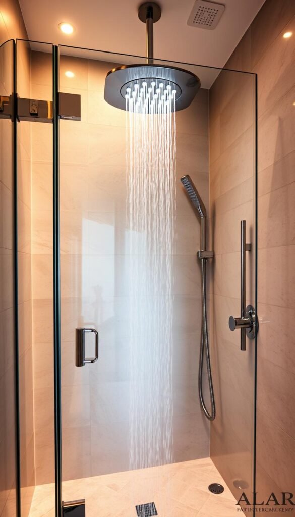 High-quality, luxurious bathroom with a modern, sleek shower area. The centerpiece is a gleaming, chrome-finished rainfall shower head, surrounded by a minimalist, frameless glass enclosure. Warm, indirect lighting casts a soft glow, highlighting the polished, stone-tiled walls and floor. A matching, wall-mounted shower valve and handheld wand complete the high-end upgrade, creating a spa-like ambiance. The entire scene is captured in a crisp, wide-angle view, showcasing the seamless integration of the new shower fixtures with the contemporary bathroom design. High-quality, luxurious bathroom with a modern, sleek shower area. The centerpiece is a gleaming, chrome-finished rainfall shower head, surrounded by a minimalist, frameless glass enclosure. Warm, indirect lighting casts a soft glow, highlighting the polished, stone-tiled walls and floor. A matching, wall-mounted shower valve and handheld wand complete the high-end upgrade, creating a spa-like ambiance. The entire scene is captured in a crisp, wide-angle view, showcasing the seamless integration of the new shower fixtures with the contemporary bathroom design.