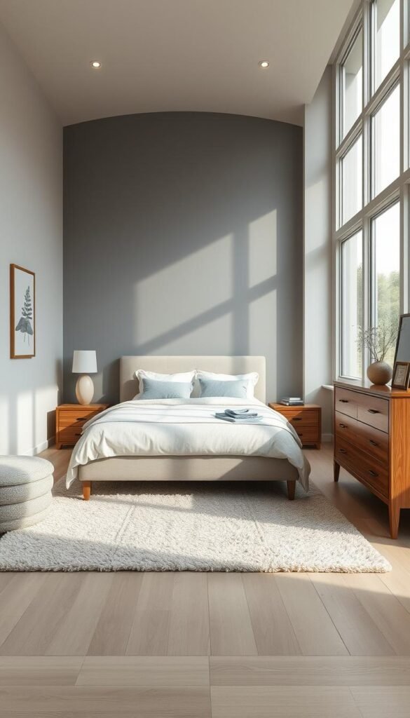 Intimate master bedroom with a cohesive color palette of soft grays, muted blues, and warm beiges. Soft lighting illuminates the space, creating a cozy and relaxing atmosphere. Textured fabrics, plush area rug, and natural wood accents contribute to the serene, harmonious design. The layout features a minimalist, yet functional bed frame, complemented by nightstands and a dresser in a matching color scheme. Large windows allow natural light to flood the room, enhancing the sense of openness and tranquility. The overall aesthetic is calming, welcoming, and tailored to the scale of the small bedroom.