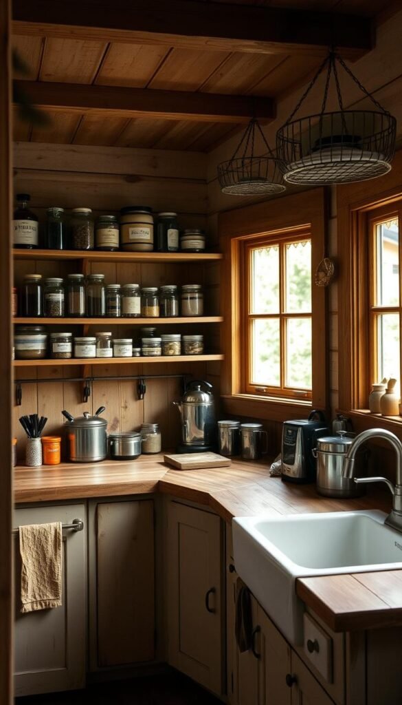 Intimate rustic farmhouse kitchen with warm, natural lighting filtering through wooden-framed windows. Quaint wooden shelves and hanging wire baskets neatly organize an array of jars, tins, and small appliances. Distressed wooden countertops and a farmhouse sink complete the cozy, lived-in aesthetic. The scene conveys a sense of order and efficiency within a modest, charming space, ideal for hosting informal gatherings.