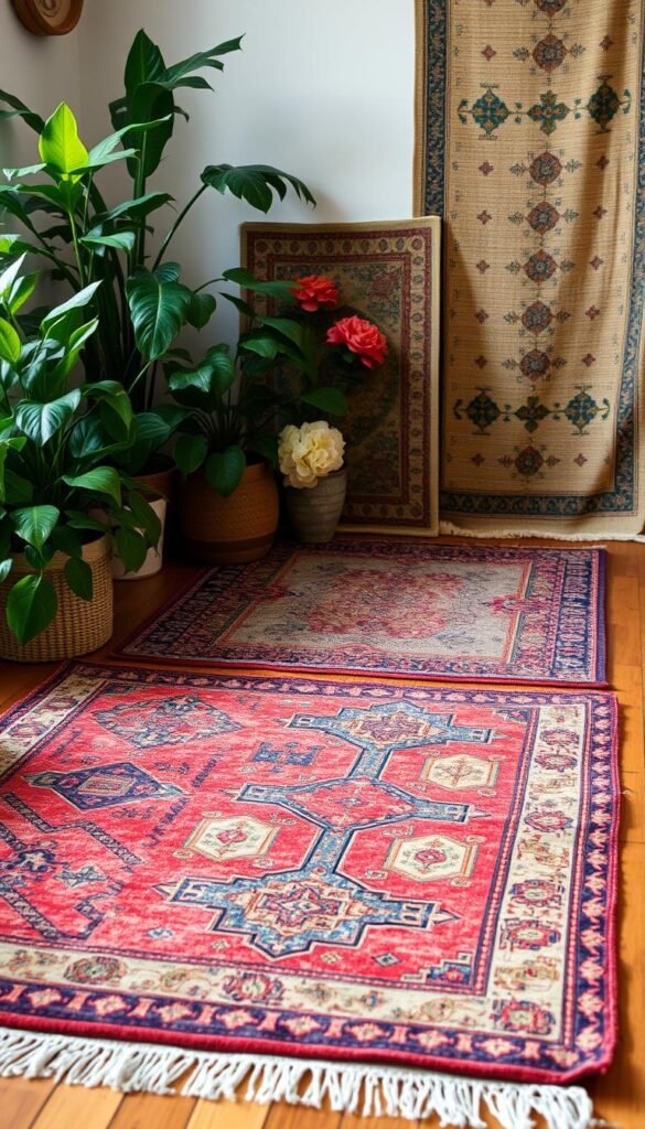 Layered boho rugs with rich, earthy tones and intricate, global-inspired patterns cover a warm, hardwood floor. In the foreground, a large, vintage-inspired rug with bold, geometric shapes anchors the space, its colors complemented by lush, verdant houseplants nearby. In the middle ground, a smaller, more delicate rug with a flowing, floral motif adds depth and texture. Beyond, a third rug with a subtle, tribal-inspired design extends the boho vibe, its muted hues blending seamlessly with the natural surroundings. Soft, diffused lighting casts a cozy, inviting glow, creating an atmosphere of worldly, eclectic charm.