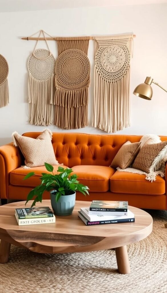 Layered boho textures in a cozy, well-lit living room. Plush, tufted velvet sofa in a rich ochre hue set against a background of woven macrame wall hangings and a textured jute area rug. Piles of patterned, fringed throw pillows in earthy tones complement the natural wood coffee table topped with a lush potted plant and a stack of artful coffee table books. Warm, directional lighting from a brass floor lamp casts a soft glow, creating an inviting, collected ambiance.