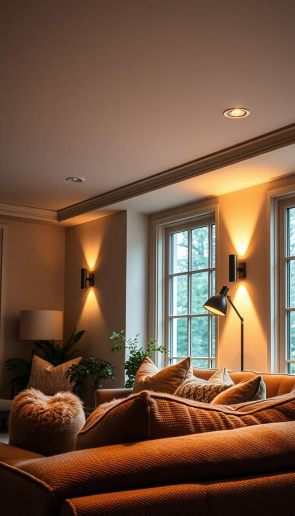 Layered lighting design with warm, soft spotlights illuminating a cozy, intimate living space. Ambient overhead lighting creates a gentle glow, while task lighting highlights key focal points. Angled sconces on the walls cast a subtle, diffused radiance, blending seamlessly with the natural daylight streaming through large windows. Textured surfaces and plush furnishings add depth and dimension, resulting in a harmonious, inviting atmosphere perfect for relaxation and entertaining.