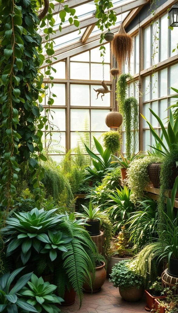 Lush, bohemian-inspired greenhouse filled with a variety of verdant plants and greenery. Trailing vines, leafy ferns, and potted succulents arranged in a harmonious, natural composition. Soft, filtered sunlight streams through large windows, casting a warm, earthy glow over the scene. The overall mood is one of tranquility, relaxation, and a connection to the natural world. Photographed from a slightly elevated angle to capture the full depth and layering of the plants. The image conveys a sense of bringing the outdoors in, creating a calming, biophilic environment.
