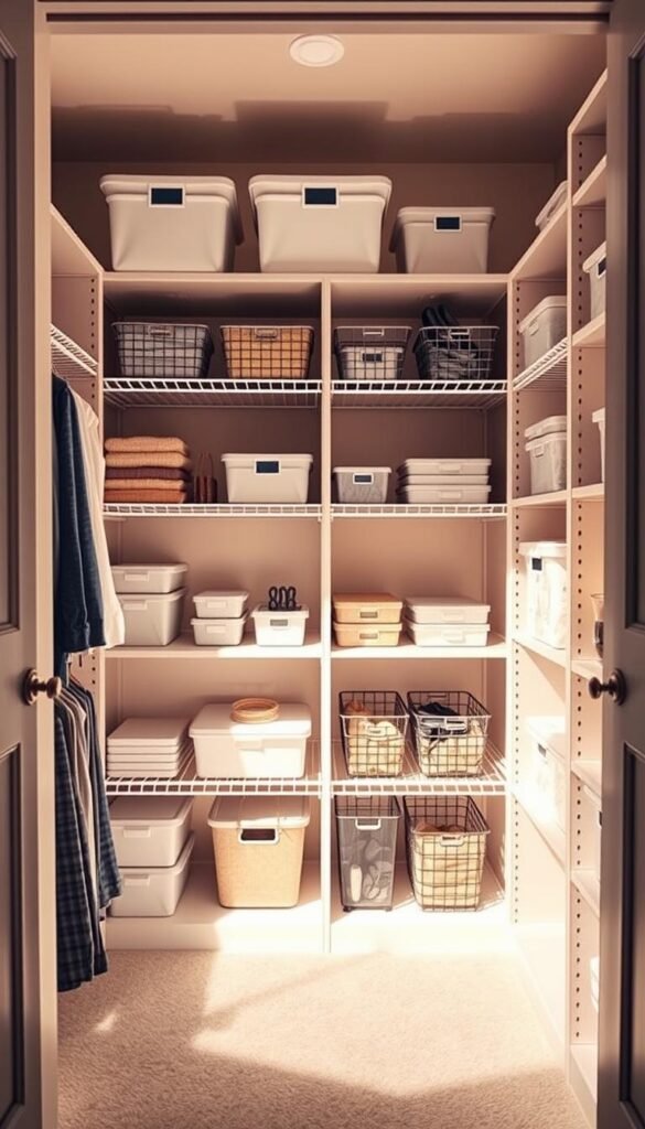 Maximizing Small Closet Space: An organized and visually appealing closet with a mix of open shelving, wire baskets, and neatly stacked storage containers. The scene is bathed in warm, natural lighting, highlighting the clean, minimalist aesthetic. The shelves are arranged in a symmetrical layout, with items carefully positioned to create a sense of balance and visual harmony. The overall atmosphere conveys a feeling of efficiency and serenity, inspiring the viewer to reimagine the possibilities of their own compact closet space.