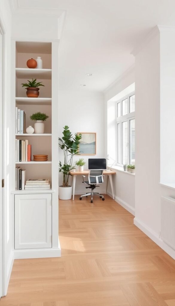 Minimalist home organization, a serene sanctuary of clean lines and natural textures. In the foreground, a crisp white built-in shelving unit displays neatly arranged books, plants, and decorative ceramics. Soft, diffused lighting casts a gentle glow, accentuating the warm wood tones of the floors and accents. The middle ground reveals a simple, uncluttered workspace with a sleek desk and ergonomic chair, surrounded by ample negative space. In the background, large windows invite natural light to flood the space, blending seamlessly with the Scandinavian aesthetic. An atmosphere of tranquility and intentionality pervades the scene, embodying the essence of practical minimalist living.
