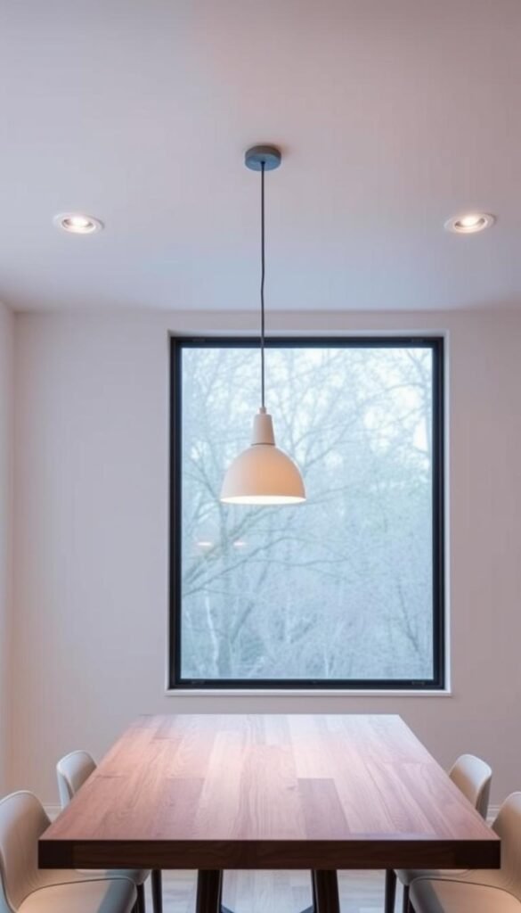 Minimalist lighting design: a serene, well-lit space with clean lines and a focus on natural illumination. A large window casts soft, diffused light across a simple, uncluttered room. Recessed ceiling lights provide subtle, ambient glow, while a single, minimalist pendant lamp hovers elegantly over a sleek, wooden table. The atmosphere is tranquil, emphasizing the inherent beauty of the space through elegant, purposeful lighting.