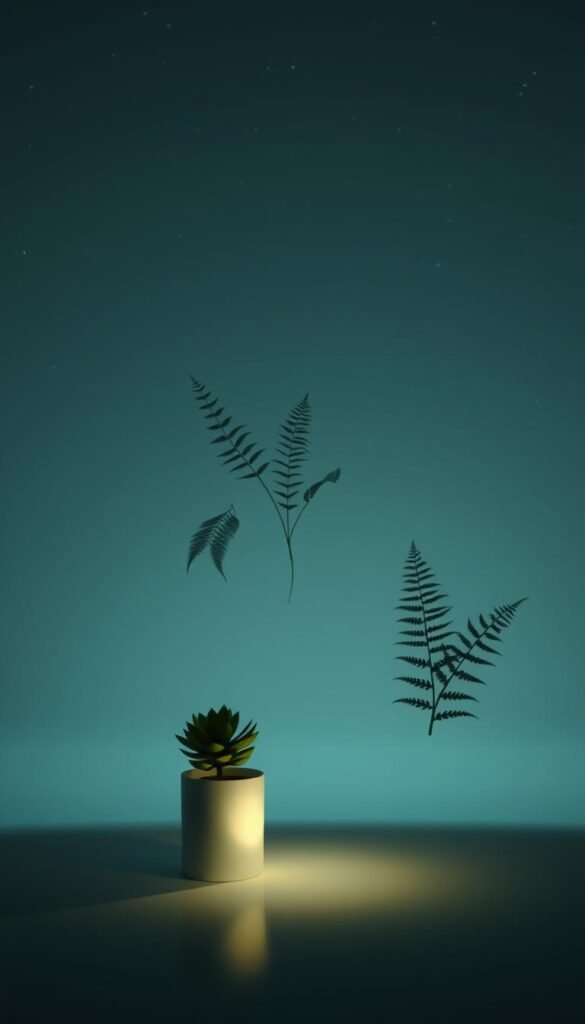 Minimalist plants in a serene, ethereal space. In the foreground, a single potted succulent casts a soft, ambient glow. In the middle ground, delicate ferns float weightlessly, their fronds swaying gently. The background is filled with a vast, starry expanse, the plants silhouetted against the infinite cosmos. Lighting is muted and atmospheric, creating a sense of tranquility and wonder. The composition is balanced and symmetrical, emphasizing the simplicity and elegance of the scene. The mood is contemplative, inviting the viewer to pause and find solace in the harmony of nature and the vastness of the universe.