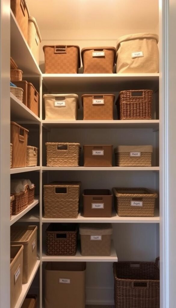 Neatly arranged closet shelves with a variety of labeled storage bins and baskets in muted, earthy tones. The shelves are well-lit from above, casting a warm glow and creating subtle shadows that accentuate the textures and shapes. The layout is practical yet visually appealing, showcasing an efficient use of vertical space. The bins and baskets are a mix of solid-colored and patterned materials, providing visual interest. The overall scene conveys a sense of organization, functionality, and a thoughtful approach to maximizing storage in a compact closet space.