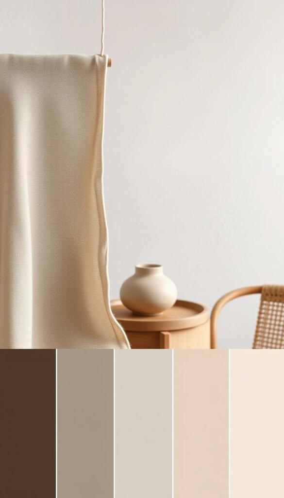 Neutral color palette with texture examples: a serene, minimalist study in earthy tones and natural materials. In the foreground, samples of linen, wool, and woven rattan in shades of beige, grey, and tan. Soft, indirect lighting casts gentle shadows, highlighting the varied textures. In the middle ground, simple ceramic vessels in muted colors sit atop a wooden table, their forms echoing the organic motifs. The background features a neutral-toned wall, perhaps lightly textured plaster, providing a calming, unobtrusive backdrop. The overall mood is one of refined sophistication and understated elegance, inviting the viewer to imagine how these palette and texture choices could translate to a serene, harmonious living space.