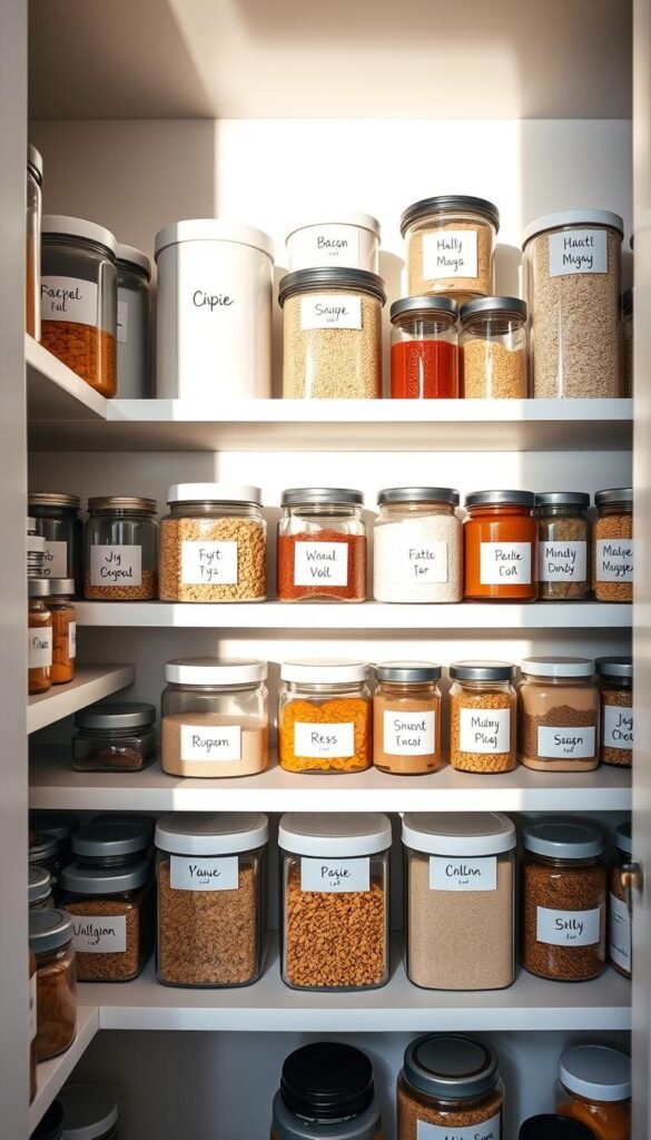 Organized pantry shelves with various containers and jars neatly labeled in a clean, minimalist style. Soft, natural lighting illuminates the scene, casting gentle shadows and highlighting the textured surfaces. The containers are arranged in a visually appealing grid layout, creating a sense of order and efficiency. The labels, printed in a modern, sans-serif font, are legible and easy to read, ensuring quick identification of stored items. The overall atmosphere conveys a sense of simplicity, practicality, and a streamlined approach to kitchen organization.