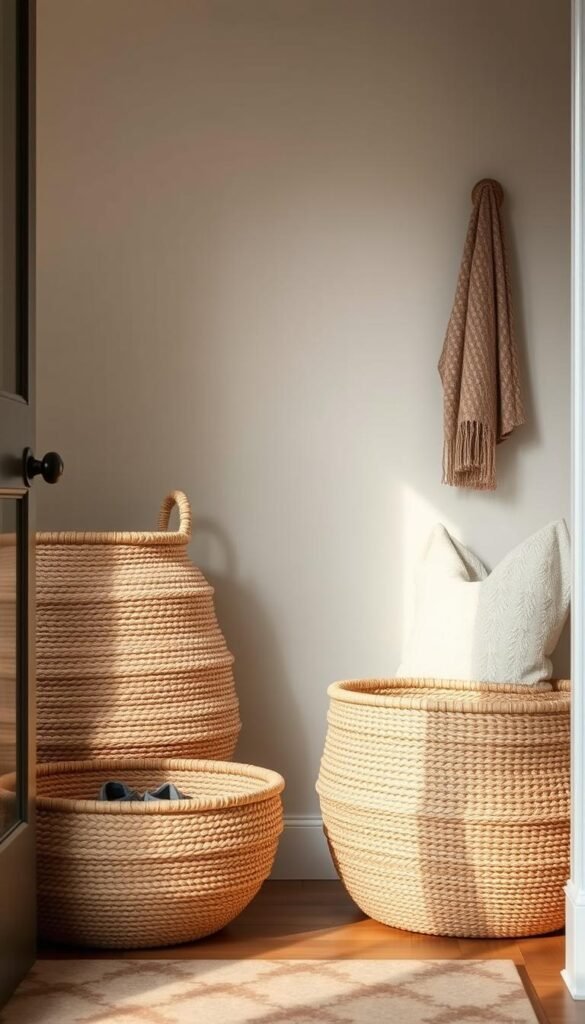 Oversized woven baskets with intricate patterns and natural textures, placed prominently in a cozy, inviting entryway. Soft, diffused lighting casts a warm glow, highlighting the organic shapes and earthy tones of the baskets. The entryway is minimalist, with clean lines and a neutral color palette, allowing the baskets to take center stage as functional yet stylish storage solutions. The camera captures the scene from a slightly elevated angle, showcasing the ample size and practical design of the baskets, ready to neatly accommodate a collection of shoes and other entryway essentials.