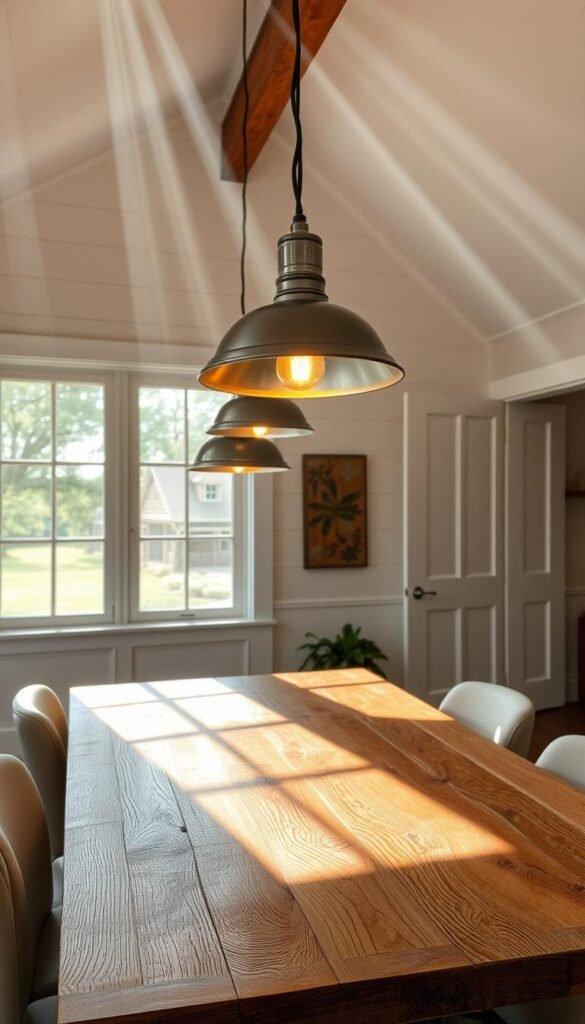 Pendant lights, their soft glow cascading over a rustic farmhouse table, the centerpiece of a cozy dining space. Sleek metal fixtures in an industrial-chic style, their shades casting a warm ambiance across the natural wood surface. Scuffs and knots in the tabletop add character, framed by upholstered chairs in a neutral palette. Beams of sunlight stream through large windows, illuminating the scene with a natural, earthy radiance. Wooden floorboards and whitewashed walls provide a simple, uncluttered backdrop, allowing the statement lighting to take center stage. An inviting, modern farmhouse aesthetic, perfect for intimate gatherings and memorable meals.