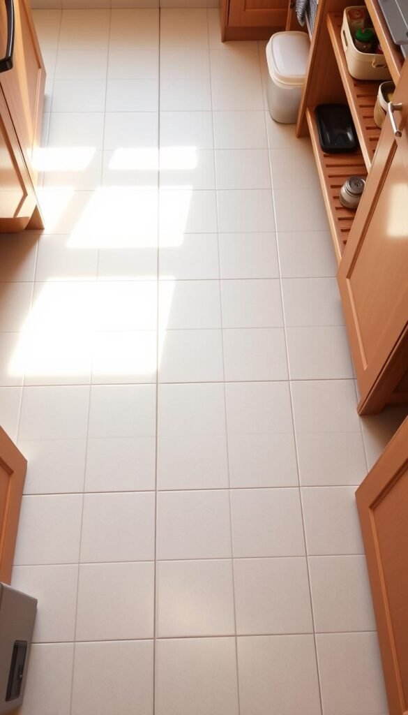 Pristine pantry floor, gleaming tiles reflecting soft, diffused light. Minimal clutter, a few well-placed storage containers neatly arranged, allowing ample open space. Warm, earthy tones complement the organized, serene atmosphere. A high-angle perspective showcases the clean, unobstructed floor, emphasizing the sense of order and efficiency. Subtle, natural shadows add depth and dimension, while the overall composition conveys a calming, organized ambiance suitable for meal preparation.