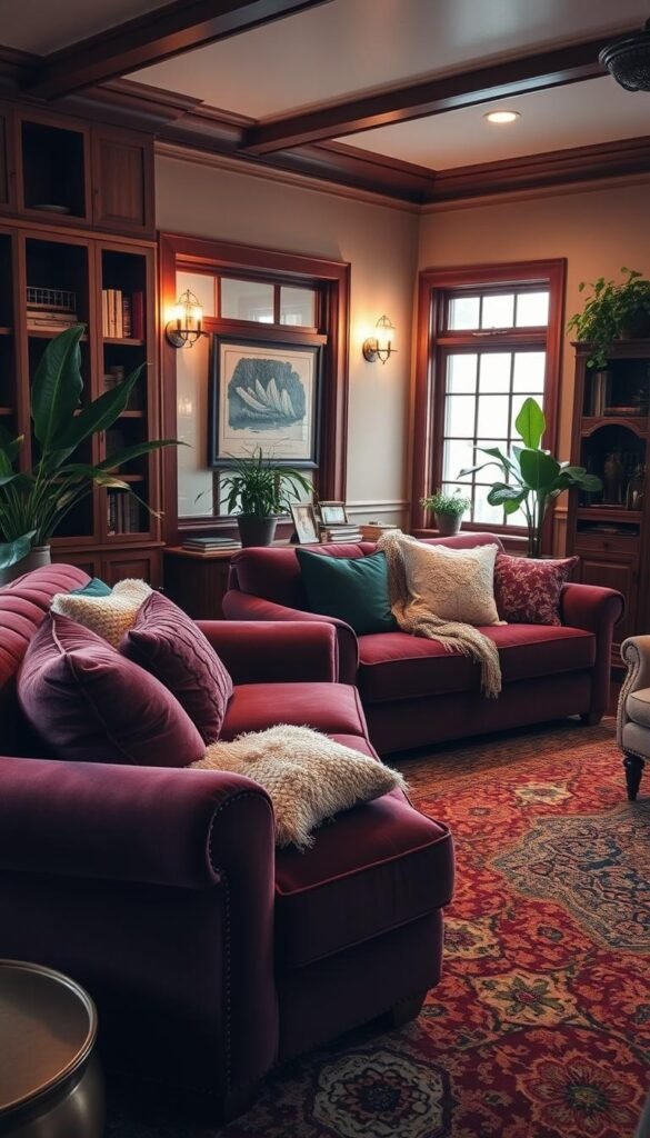 Prompt A cozy living room with layered textures that create depth and visual interest. Plush velvet sofas in rich jewel tones, complemented by an ornate woven rug with intricate patterns. Throw pillows in varying fabrics and hues - velvety, embroidered, and knitted - scattered across the seating. Warm, indirect lighting casts a soft glow, accentuating the varied textures. Wooden side tables and bookshelves add organic elements, while lush potted plants bring nature indoors. The overall atmosphere is one of warmth, sophistication, and a sense of layered comfort. Prompt A cozy living room with layered textures that create depth and visual interest. Plush velvet sofas in rich jewel tones, complemented by an ornate woven rug with intricate patterns. Throw pillows in varying fabrics and hues - velvety, embroidered, and knitted - scattered across the seating. Warm, indirect lighting casts a soft glow, accentuating the varied textures. Wooden side tables and bookshelves add organic elements, while lush potted plants bring nature indoors. The overall atmosphere is one of warmth, sophistication, and a sense of layered comfort.