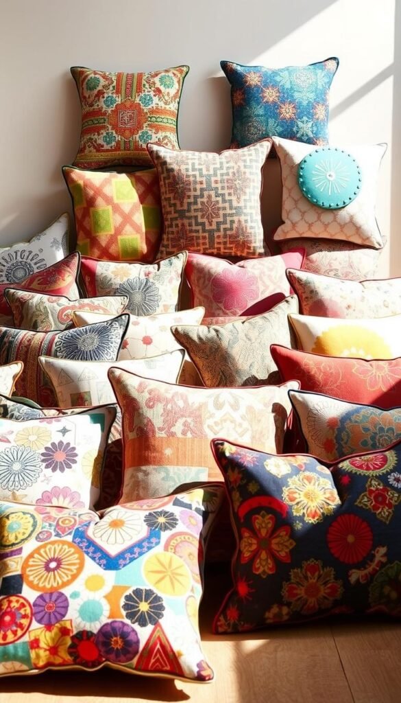 Prompt A vibrant display of creative throw pillow designs, showcasing a diverse array of patterns and textures. The foreground features a visually striking arrangement of intricate geometric designs, colorful abstractions, and playful motifs, all expertly crafted from upcycled fabric scraps. The middle ground presents a range of unique pillow shapes, including square, circular, and organic forms, each with its own distinct character. The background provides a soft, muted setting, allowing the pillows to take center stage and inspire the viewer's imagination. Warm, natural lighting enhances the overall aesthetic, casting subtle shadows and highlighting the textural details of the fabrics. The overall composition exudes a sense of creativity, sustainability, and a touch of whimsy, perfectly capturing the essence of the "Design Ideas for Unique Throw Pillows" section.