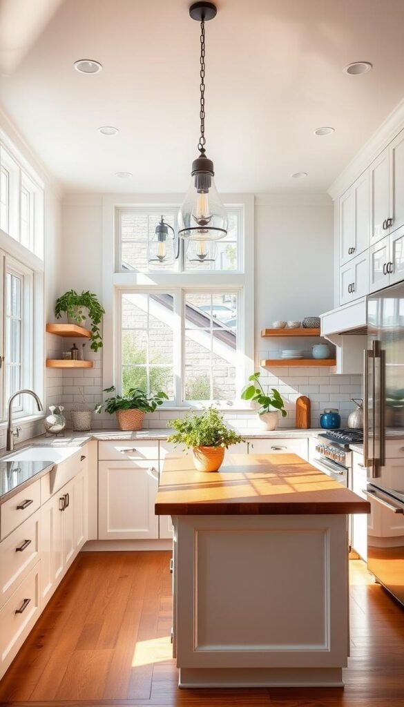 Prompt An airy, sun-drenched kitchen with a harmonious blend of classic and modern elements. Glossy white cabinets and sleek stainless steel appliances complement the warmth of a wooden island countertop. Vintage-inspired pendant lights cast a soft glow, while large windows flood the space with natural light. Pops of greenery in potted plants and a timeless subway tile backsplash add texture and visual interest. The room exudes a sense of timeless elegance and functionality, capturing the essence of a kitchen that seamlessly merges the best of traditional and contemporary design.