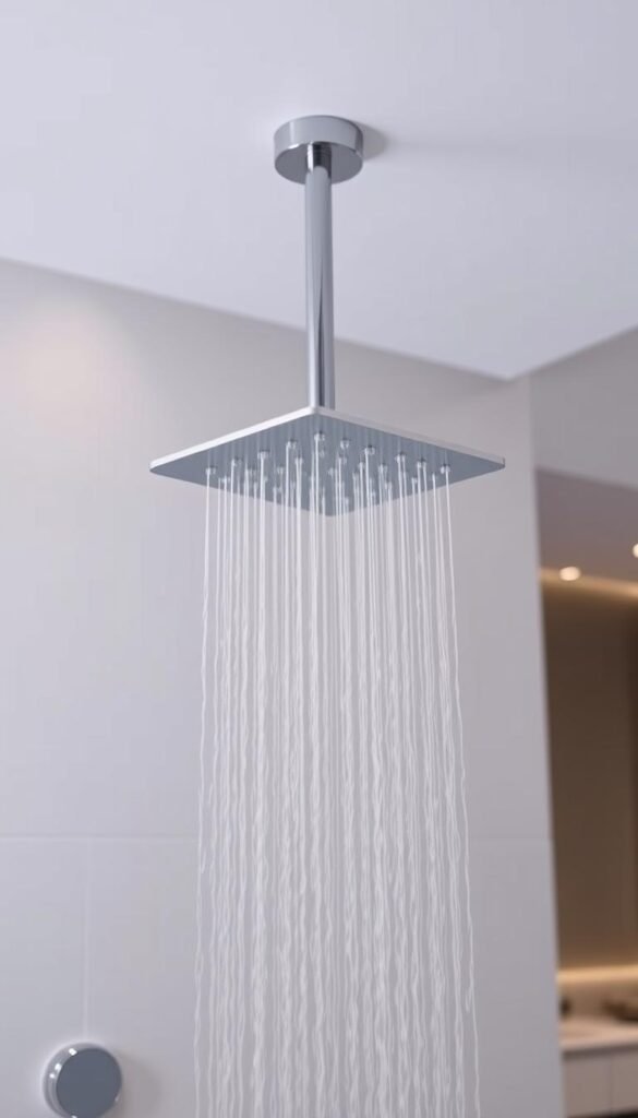 Rainfall showerhead fixture in a calming, minimalist bathroom. Streamlined, chrome-finished showerhead with a wide, flat profile cascading a gentle, soothing flow of water. Mounted on a smooth, tiled wall with neutral colors and clean lines, creating a spa-like ambiance. Soft, indirect lighting from recessed ceiling fixtures casts a warm, relaxing glow. Minimalist bathroom vanity and fixtures in the background, emphasizing the focal point of the rainfall showerhead. Photograph taken at a medium angle, capturing the tranquil atmosphere and the practical functionality of the rainfall showerhead.