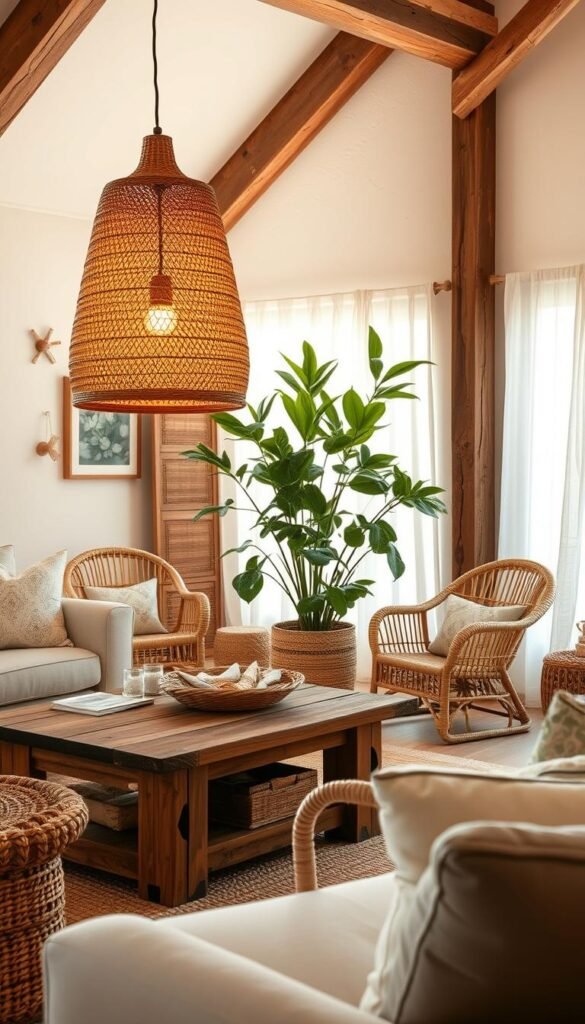 Rattan and wicker boho accents in a cozy, sunlit living room. In the foreground, a handwoven rattan pendant lamp casts a warm glow over a rustic wood coffee table adorned with a plush woven basket. In the middle ground, a pair of natural wicker armchairs flank a large houseplant, surrounded by earthy tones and natural textures. The background features whitewashed walls, exposed wooden beams, and sheer curtains billowing in the soft breeze, creating a serene, bohemian atmosphere. Soft, diffused lighting bathes the scene in a golden, sun-drenched hue, highlighting the organic materials and inviting textures.