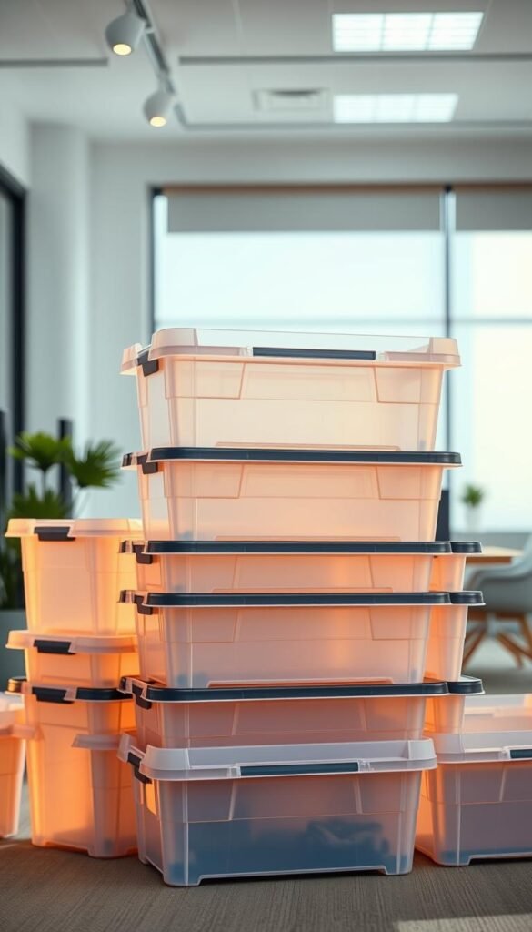 Rentacrate plastic moving boxes for businesses, stacked neatly in a well-lit, modern office space. The boxes are transparent, showcasing their durable construction and reusable nature. The lighting casts a warm, inviting glow, highlighting the smooth, high-quality plastic and the efficiency of the stacked design. The boxes are arranged in the foreground, with a clean, minimalist background featuring neutral colors and simple furnishings, emphasizing the versatility and eco-friendly nature of the Rentacrate products. The overall atmosphere conveys a sense of organized, sustainable business practices.