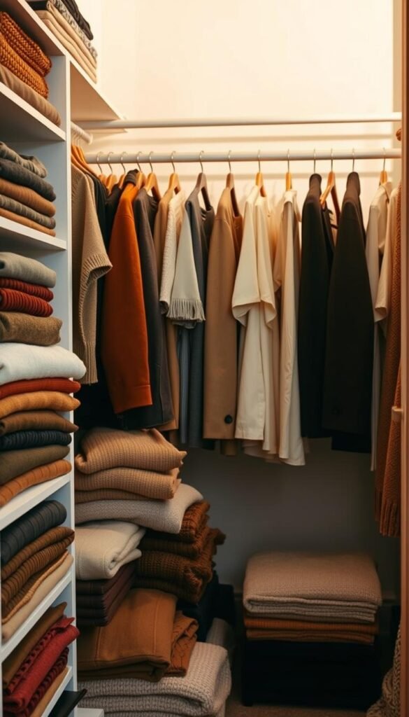 Seasonal wardrobe rotation showcasing a neatly organized closet with a mix of autumn and winter attire. In the foreground, an array of folded sweaters, scarves, and cozy knits in earthy tones are stacked on shelves. The middle ground features hanging garments, including wool coats, tailored blazers, and crisp button-down shirts, all arranged by color and category. In the background, a minimalist clothing rack displays a selection of lightweight summer dresses and shirts, hinting at the upcoming seasonal transition. The lighting is soft and natural, casting a warm glow that enhances the clean, decluttered aesthetic. The overall scene conveys a sense of order, simplicity, and the effortless maintenance of a clutter-free lifestyle.