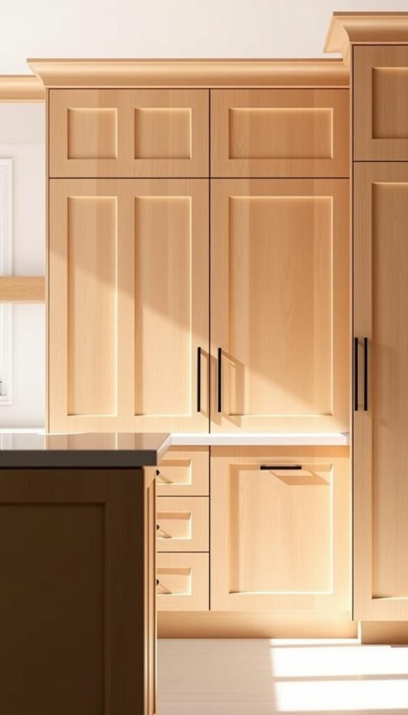 Shaker-style kitchen cabinetry with minimalist modern hardware, bathed in warm natural light. Clean lines and simple, functional design in light wood tones, complemented by matte black drawer pulls and hinges. The cabinetry stands in the middle ground, framed by a bright, airy backdrop, hinting at the classic yet contemporary aesthetic of the space. A sense of timeless elegance and refined simplicity pervades the scene, creating a harmonious fusion of traditional and modern elements.