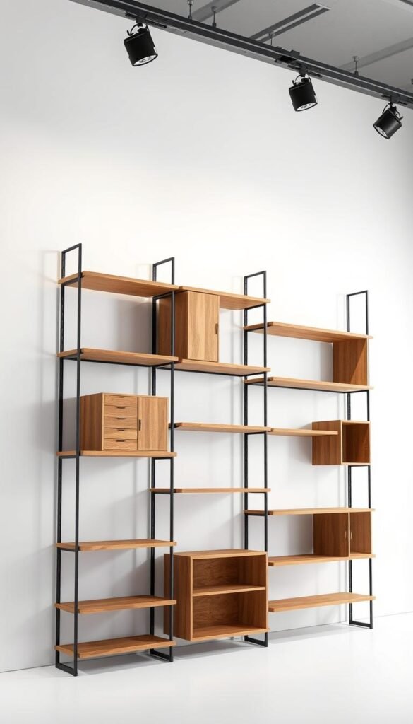 Sleek, minimalist multifunctional shelving units arranged in a modern, well-lit studio setting. Floating wood and metal shelves with clean lines and adjustable compartments, offering ample storage and display space. Soft, diffused lighting from overhead spotlights casts subtle shadows, highlighting the textural details. The units are positioned at various angles, creating a dynamic, asymmetrical composition that feels both practical and visually appealing. The background is a plain, white seamless backdrop, allowing the shelving units to take center stage and showcase their versatile design.