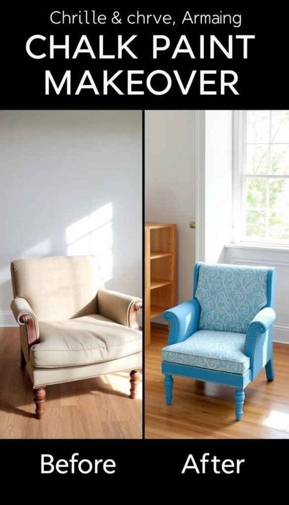 Two side-by-side images showcasing a "before and after" furniture makeover using chalk paint. The left image depicts an old, worn-out armchair with faded upholstery and scratched wooden frame. The right image shows the same armchair transformed, its new vibrant blue chalk paint finish complemented by fresh, patterned upholstery. The lighting is soft and warm, accentuating the textural details of the newly refurbished piece. The background is a minimalist interior with white walls, hardwood floors, and natural light streaming in from a nearby window, creating a cozy, inviting atmosphere that highlights the stunning chalk paint makeover.