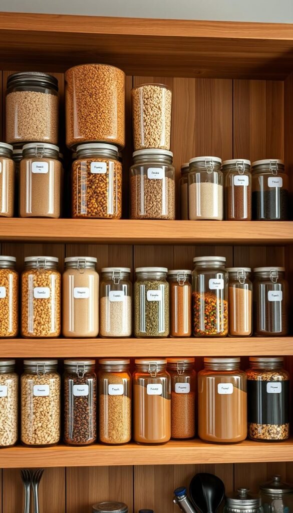Uniform pantry jars filled with an assortment of bulk grains, legumes, and spices, neatly arranged on a rustic wooden shelving unit. Soft, warm lighting illuminates the glass containers, highlighting their clean, minimalist design. The jars feature airtight lids and label tags, creating a cohesive, organized aesthetic. The shelves are set against a backdrop of natural, earthy tones, conveying a sense of tranquility and efficiency. The overall composition emphasizes the beauty of functional, practical storage solutions for a well-stocked, effortlessly prepared kitchen.