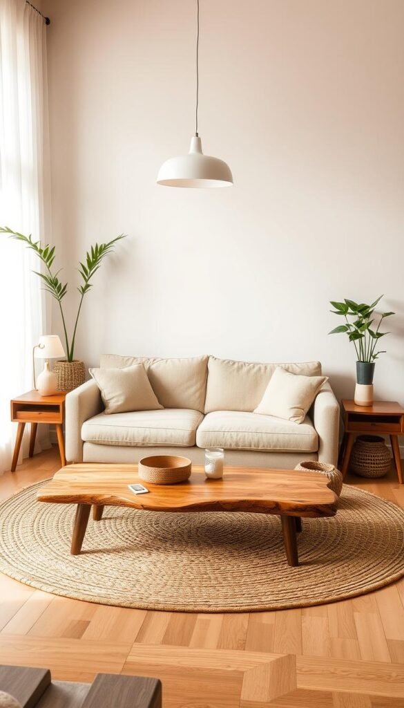 Warm, cozy living room with natural wood accents and neutral tones. A plush beige sofa sits atop a woven natural fiber rug, surrounded by mid-century modern wood side tables and a rustic coffee table. Soft lighting from a pendant lamp casts a gentle glow, complementing the earthy textures. Tall houseplants in woven baskets add pops of verdant greenery. The scene evokes a sense of comfort and harmony, blending organic materials with muted, soothing hues.