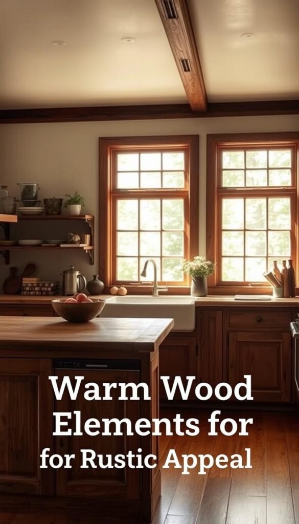 Warm, rustic wood countertops with a weathered, distressed finish sit atop a cozy, light-filled kitchen. The wooden floors have a rich, honey-toned hue, complementing the natural tones of the countertops. Soft, diffused sunlight streams in through large windows, casting a gentle glow and creating a sense of warmth and inviting ambiance. The overall scene evokes a charming, vintage-inspired cottage kitchen, perfect for the "Warm Wood Elements for Rustic Appeal" section of the article.