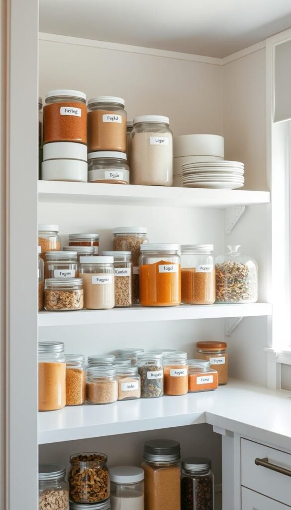 Well-organized pantry shelves with an assortment of labeled glass, plastic, and ceramic storage containers in a bright, airy kitchen. Soft, diffused natural lighting illuminates the scene, highlighting the clean, minimalist aesthetic. The containers are neatly arranged, showcasing a variety of sizes and shapes suitable for different dry goods, spices, and other pantry staples. The overall atmosphere is one of efficiency, simplicity, and visual harmony, inviting the viewer to envision an effortless meal prep experience.