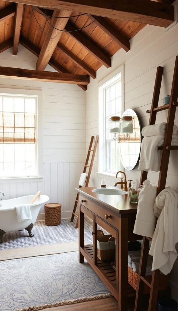 a cozy farmhouse bathroom with rustic wooden beams, white shiplap walls, and a claw-foot bathtub. the room is filled with natural light from large windows, casting a warm, inviting glow. in the foreground, a wooden vanity with a farmhouse-style sink and brass fixtures sits atop a patterned tile floor. on the shelves, there are stacks of fresh towels and glass jars filled with cotton balls and bath salts. the middle ground features a plush area rug and a freestanding metal towel rack. in the background, a wooden ladder leans against the wall, holding fluffy white towels. the overall atmosphere is one of relaxation and comfort, reflecting the timeless appeal of farmhouse decor.